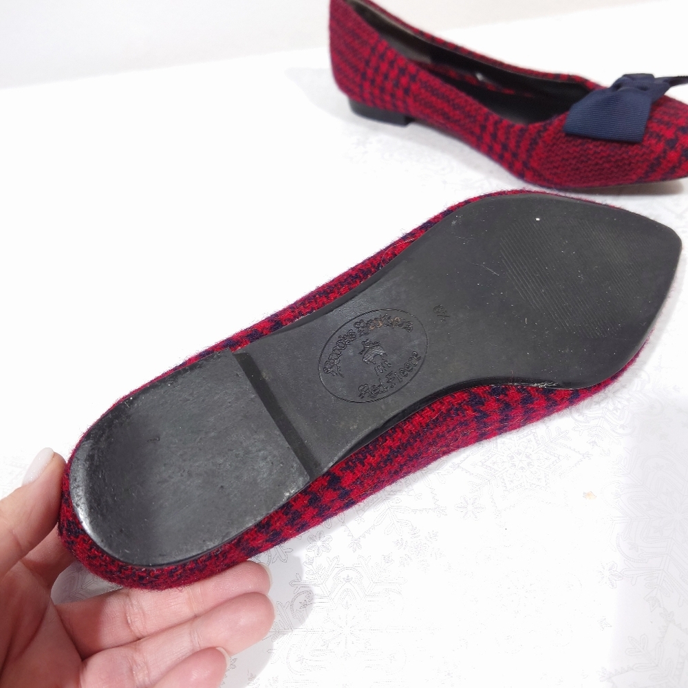 Brooks Brothers Red Fleece Houndstooth Flats 8.5 Red Navy Tweed Bow Pointed Toe - Picture 7 of 7